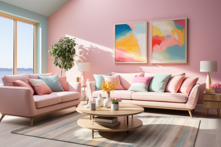 Interior of living room with pink sofa, coffee table and paintings on wall. 3d renderの素材