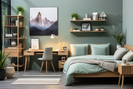 Interior of modern bedroom with green walls, wooden floor and comfortable bedの素材