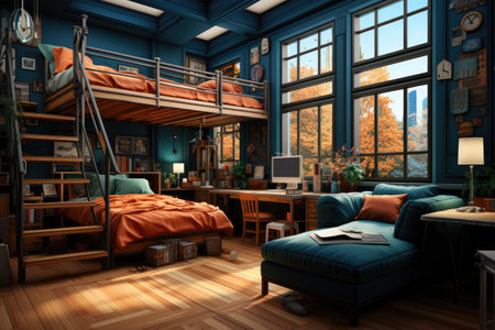 3d render of a living room with a wooden floor and a large windowの素材