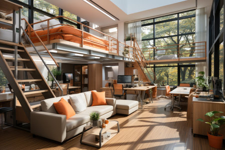 Interior of modern living room with furniture and wooden stairs. 3d renderingの素材