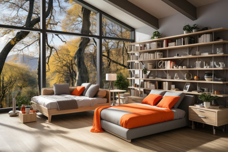 Interior of modern living room with orange sofa and bookshelfの素材