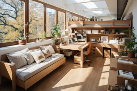Interior of modern living room with wooden furniture, bookshelf and coffee tableの素材