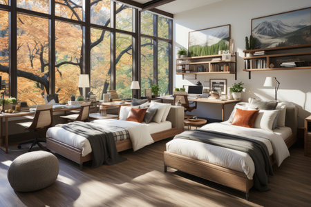 Interior of a modern bedroom with a wooden floor, panoramic windows, a large bed with pillows and a bookcase. 3d rendering mock upの素材