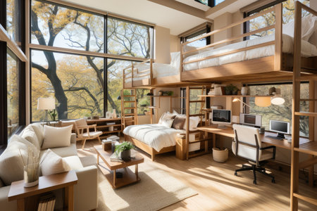Interior of modern bedroom with wooden furniture and window with countryside viewの素材