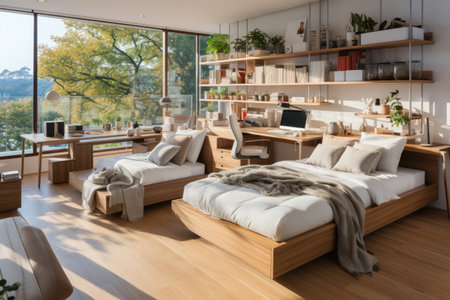 Interior design of a modern bedroom with a wooden floor and a panoramic windowの素材