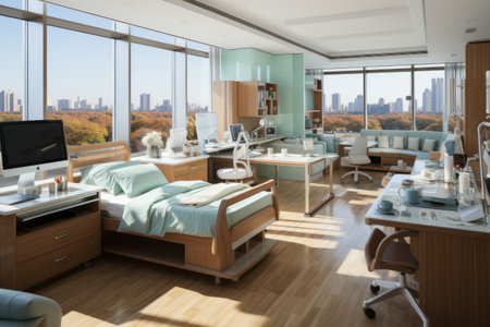 Interior of a hotel room with modern furniture and the city viewの素材