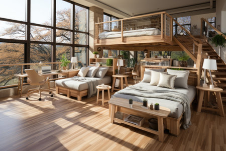 Interior of loft living room with wooden bed, wooden wardrobe and coffee table. 3d renderの素材