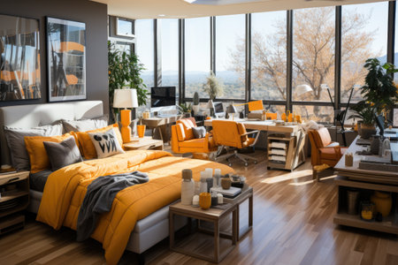 Interior of a modern living room with orange and yellow beddingの素材