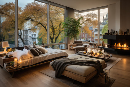 Luxury bedroom interior with a large window overlooking a city.の素材