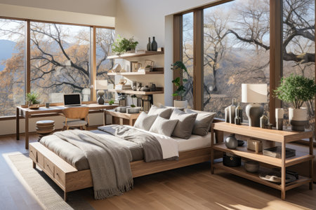 Modern bedroom interior design. 3d rendering mock up in loft styleの素材