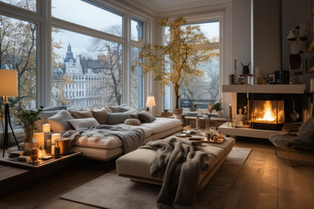 Luxury living room with fireplace, sofa, pillows and candlesの素材