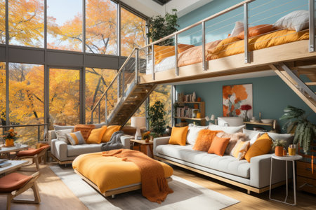 Interior of modern cozy living room with wooden furniture, sofa and stairsの素材