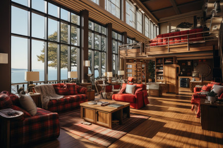 Interior of a restaurant with a large window overlooking the sea. 3d renderingの素材