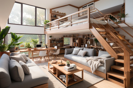 Interior of modern living room with wooden stairs, sofa and coffee tableの素材