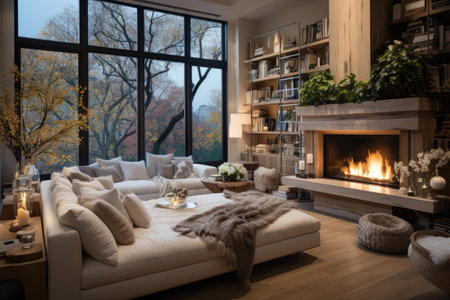 Cozy living room interior with fireplace, bookshelves and comfortable sofaの素材