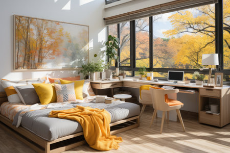 Interior of modern living room with panoramic window. 3d renderの素材