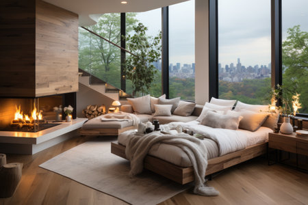 Modern living room interior design with wooden walls, carpeted floor, comfortable bed and fireplace.の素材