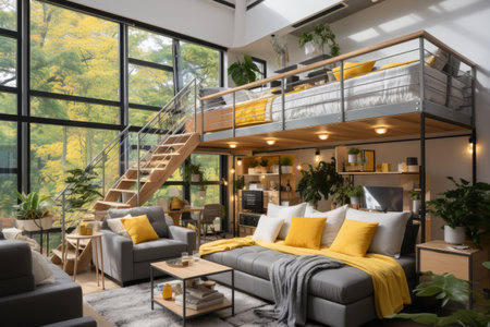 Interior of stylish living room with comfortable sofa, bed and stairsの素材