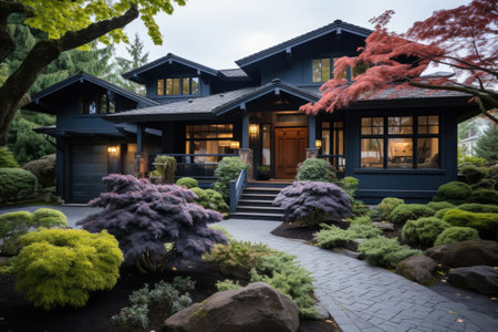 Luxury house exterior design with black wood trim and garage.の素材