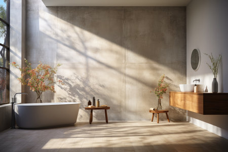 Interior of modern bathroom with beige walls, concrete floor, comfortable bathtub standing on wooden countertop. 3d renderingの素材