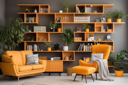 Interior of modern living room with orange armchairs and bookshelvesの素材