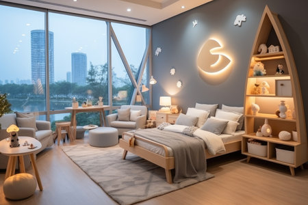 Interior of a modern bedroom with a beautiful view. 3d renderingの素材