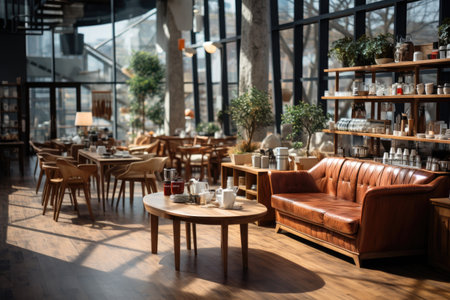 Interior of a modern cafe with brown leather sofas.の素材