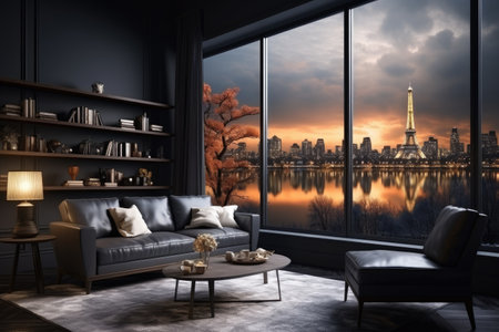 Luxury living room interior with a panoramic view of Paris. 3D Renderingの素材