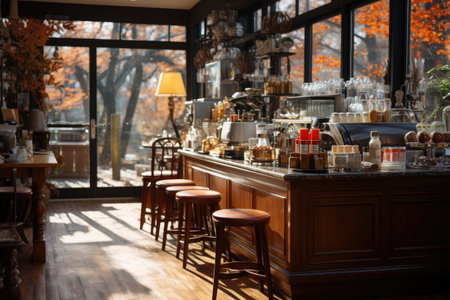 Interior of a coffee shop with tables and chairs in autumn colorsの素材
