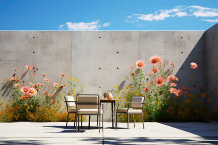 Table and chairs in a terrace with flowers. 3d renderingの素材
