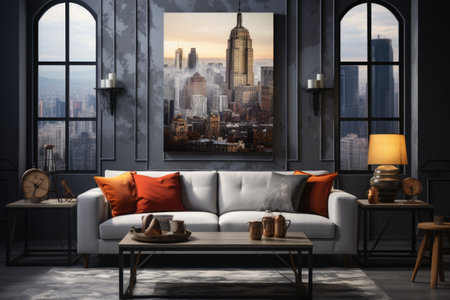 Interior of modern living room with black walls, concrete floor, comfortable white sofa with orange cushions, coffee table and city view. 3d renderingの素材