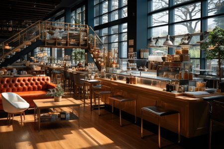 Interior of modern cafe with wooden tables and chairs, interior design conceptの素材