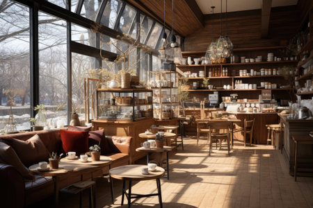 Luxury interior of a coffee shop with wooden walls and a large windowの素材