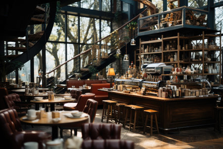 Interior of a restaurant with tables and chairs, retro tonedの素材