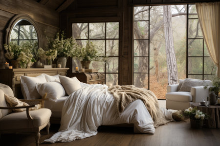 Interior of a rustic country style bedroom with a large windowの素材