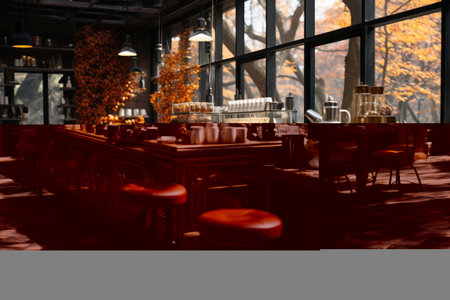 Interior of a restaurant in the autumn. Toned image.の素材