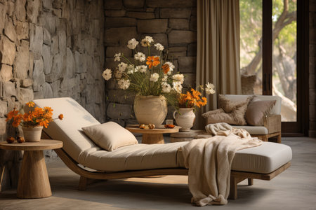 Modern living room interior with sofa, armchair, table and flowersの素材