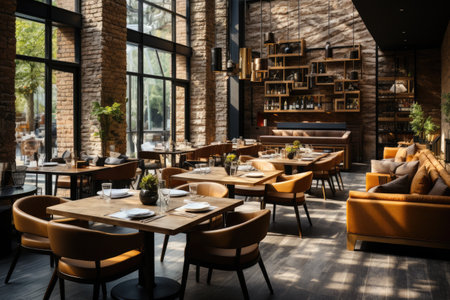 Interior of a modern restaurant with tables and chairs. Toned.の素材