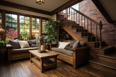Interior of a modern living room with wooden stairs and a fireplaceの素材