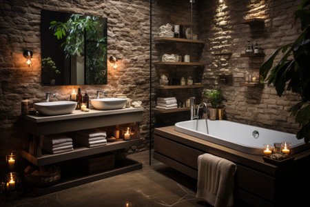 Interior of modern bathroom with brick walls, tiled floor and comfortable bathtubの素材