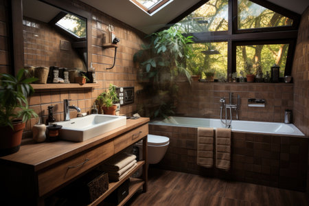 Interior of a modern bathroom with brown brick walls and wooden floorの素材