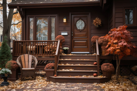 Wooden porch with autumn leaves and rocking chair in front of the houseの素材