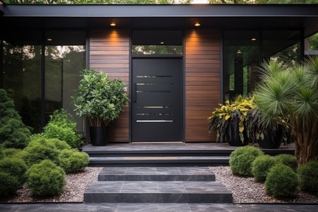 Entrance of modern house with wooden doors and green plants. Nobody insideの素材