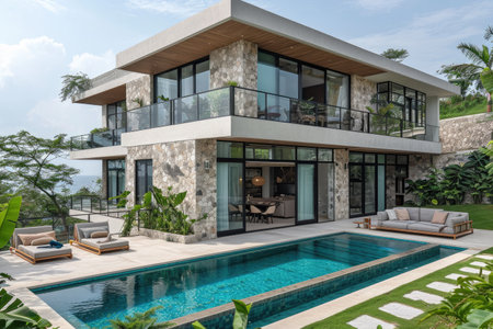 a pool backyard at modern minimalist house with a modern sofa ideas style inspirationの素材