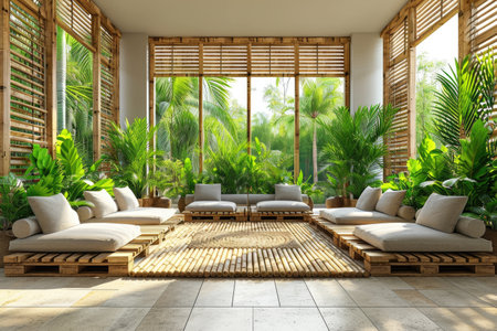 a room with serene peaceful ambiance and plants decorated ideas style inspirationの素材