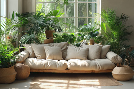 a room with serene peaceful ambiance and plants decorated ideas style inspirationの素材