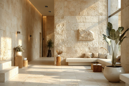 a modern interior design with beige stone panels on wall style inspiration ideasの素材