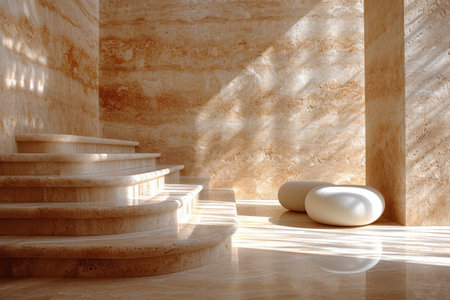 a modern interior design with beige stone panels on wall style inspiration ideasの素材