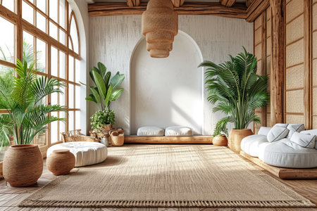 a room with serene peaceful ambiance and plants decorated ideas style inspirationの素材