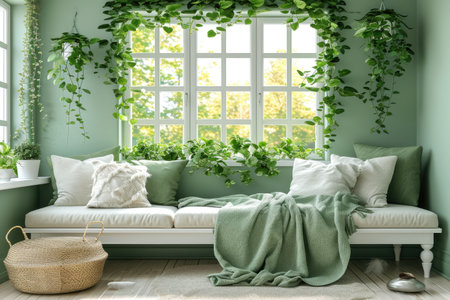 a room with serene peaceful ambiance and plants decorated ideas style inspirationの素材